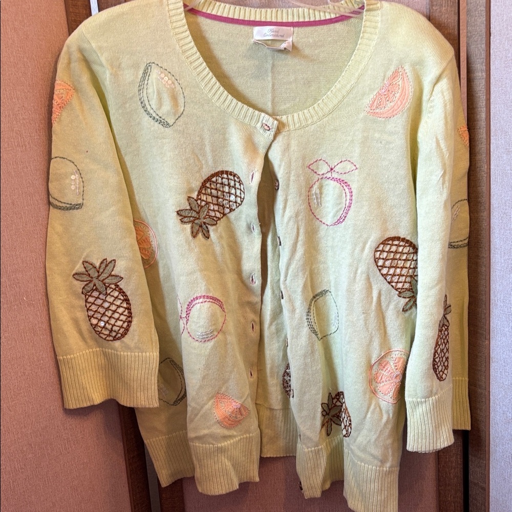 FINAL MARKDOWN Christopher & Banks Light Green Cardigan with Fruit Embroidery xl